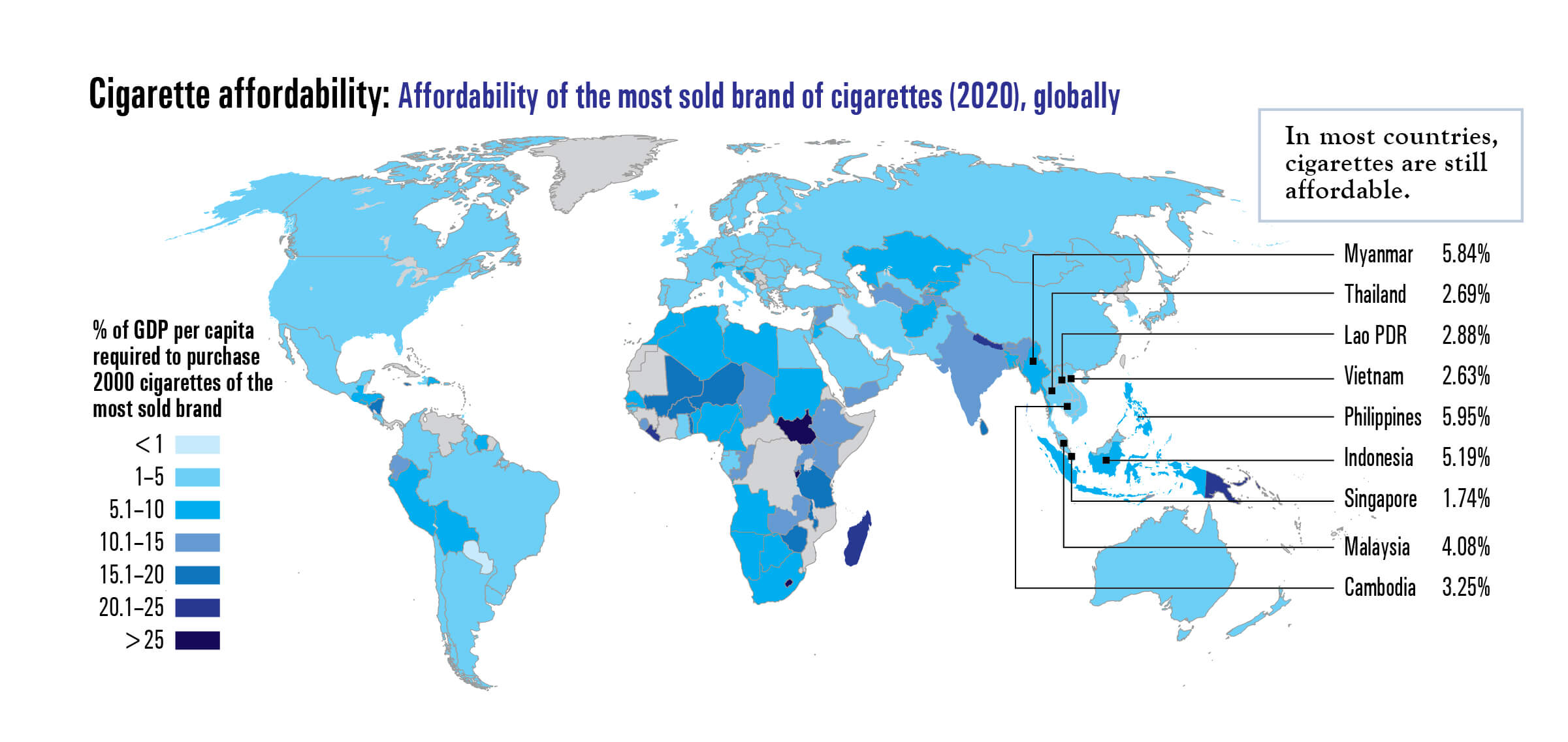 Cigarette affordability: Affordability of the most sold brand of cigarettes (2020), globally